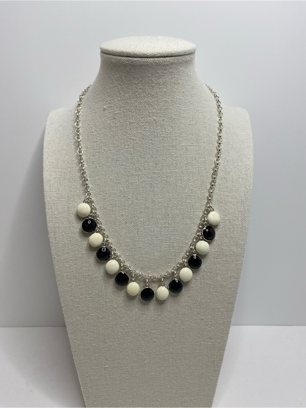 Vintage Black White Enamel Dangle Necklace Silver Tone Modernist Statement